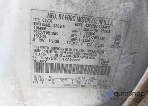 2001 Ford Escape Xls из США, поврежденный, VIN 1FMYU01151KA94974